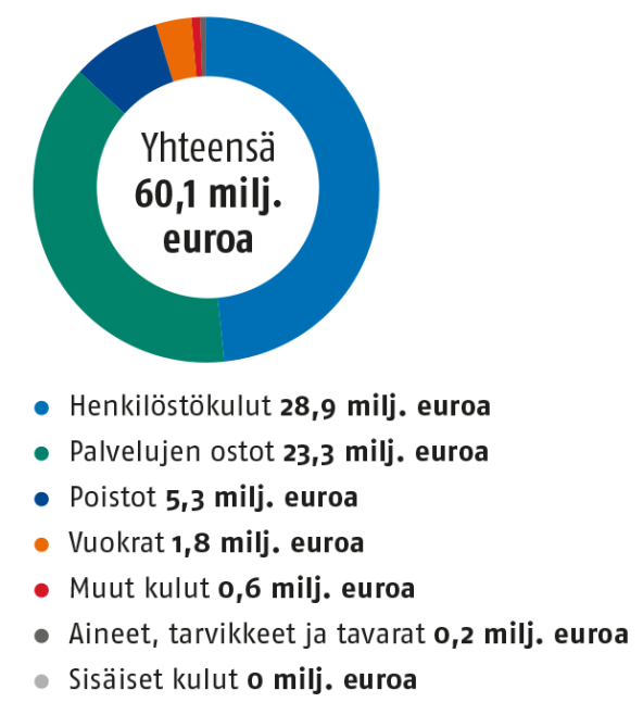 Vuonna 2020 kulut olivat yhteensä 60,1 milj. euroa, jotka jakautuivat seuraavasti: henkilöstökulut 28,9 milj. euroa, palvelujen ostot 23,3, milj. euroa, poistot 5,3 milj. euroa, vuokrat 1,8 milj. euroa ja muut kulut 0,6 milj. euroa